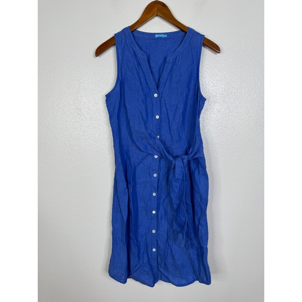 J.McLaughlin Blue Linen Sleeveless Button Front Tie Waist Shirt Dress Small - Picture 1 of 5